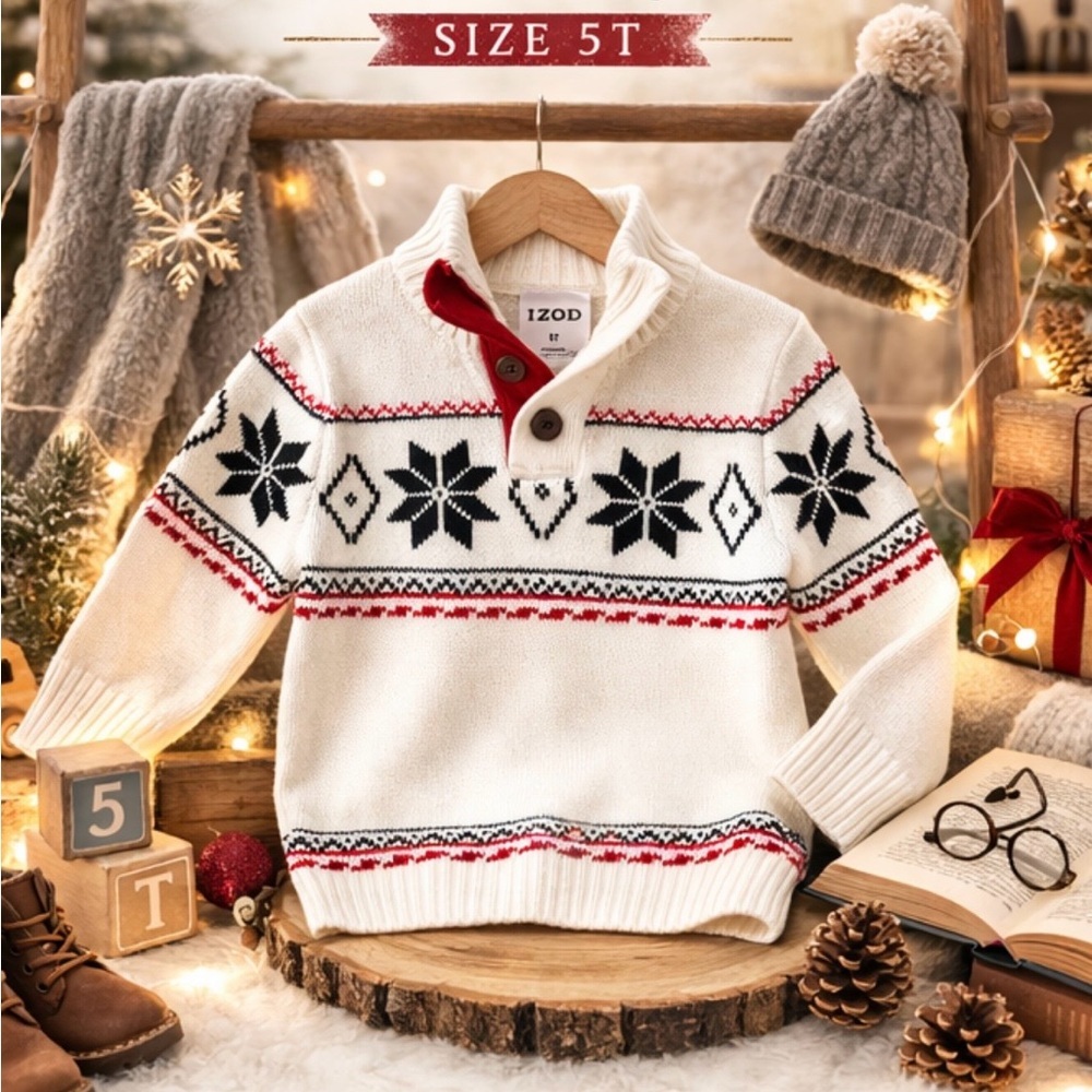 IZOD Boys 5T Fair Isle Nordic Sweater Cream Red Black Shawl Collar